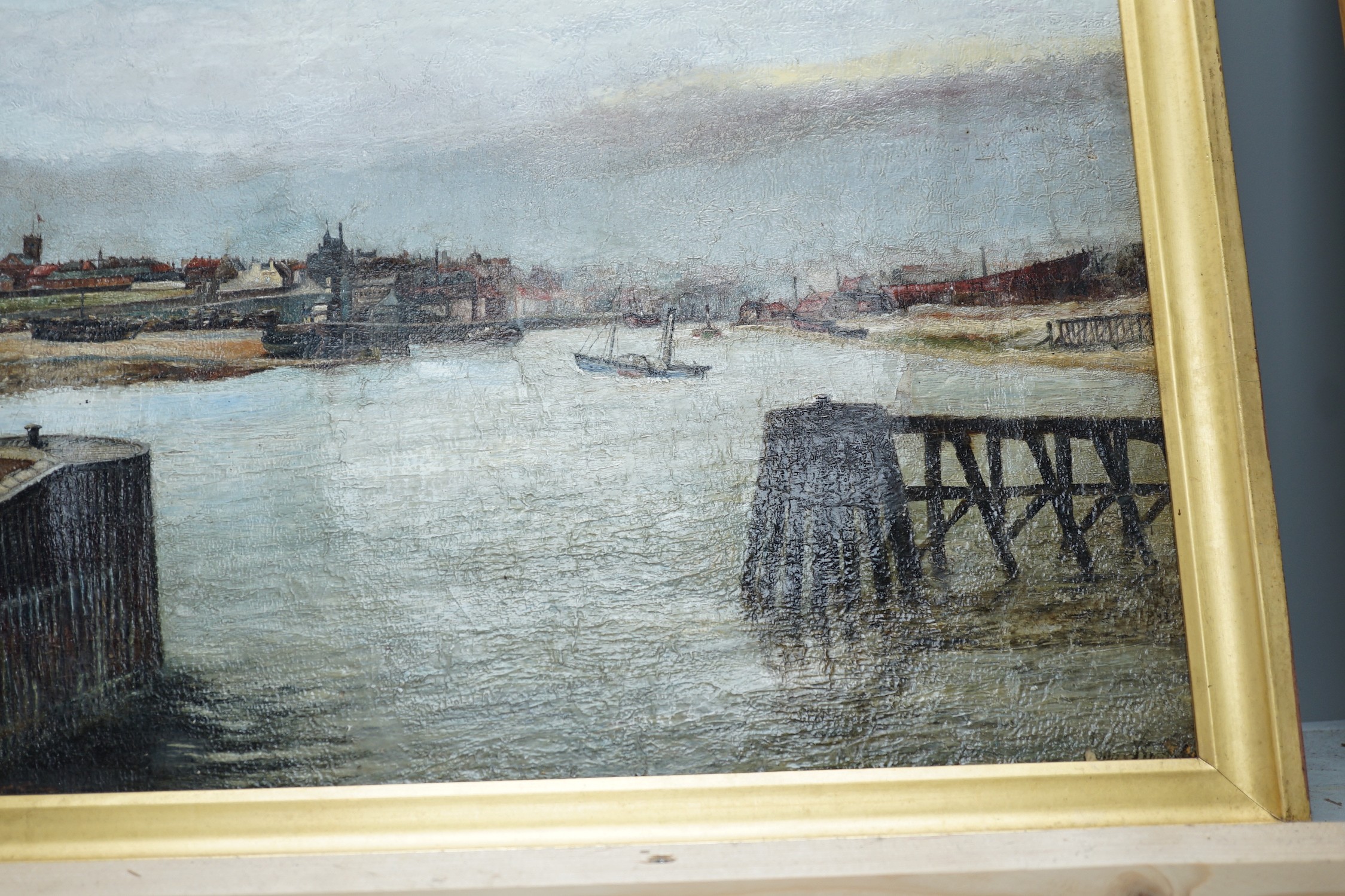 John Smith of Roker, oil on canvas laid on board, 'Sunderland Harbour', signed, 30 x 60cm